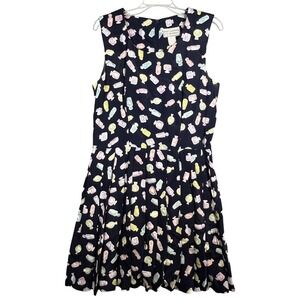 E.D. Michaels Navy Perfume Bottle Print Sleeveless Pleated Dress Women's Size M